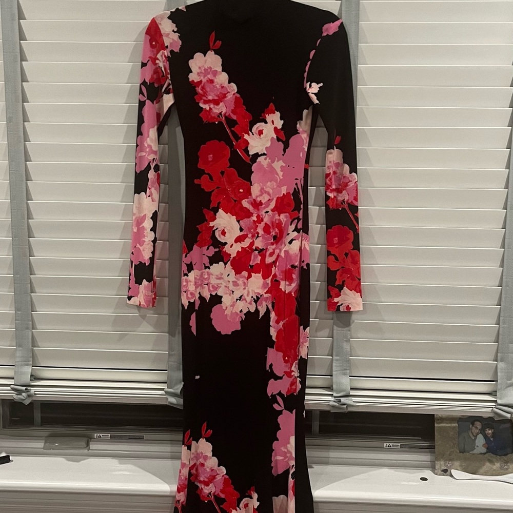 Norma Kamali Red and Pink Ruched Mock Neck Dress